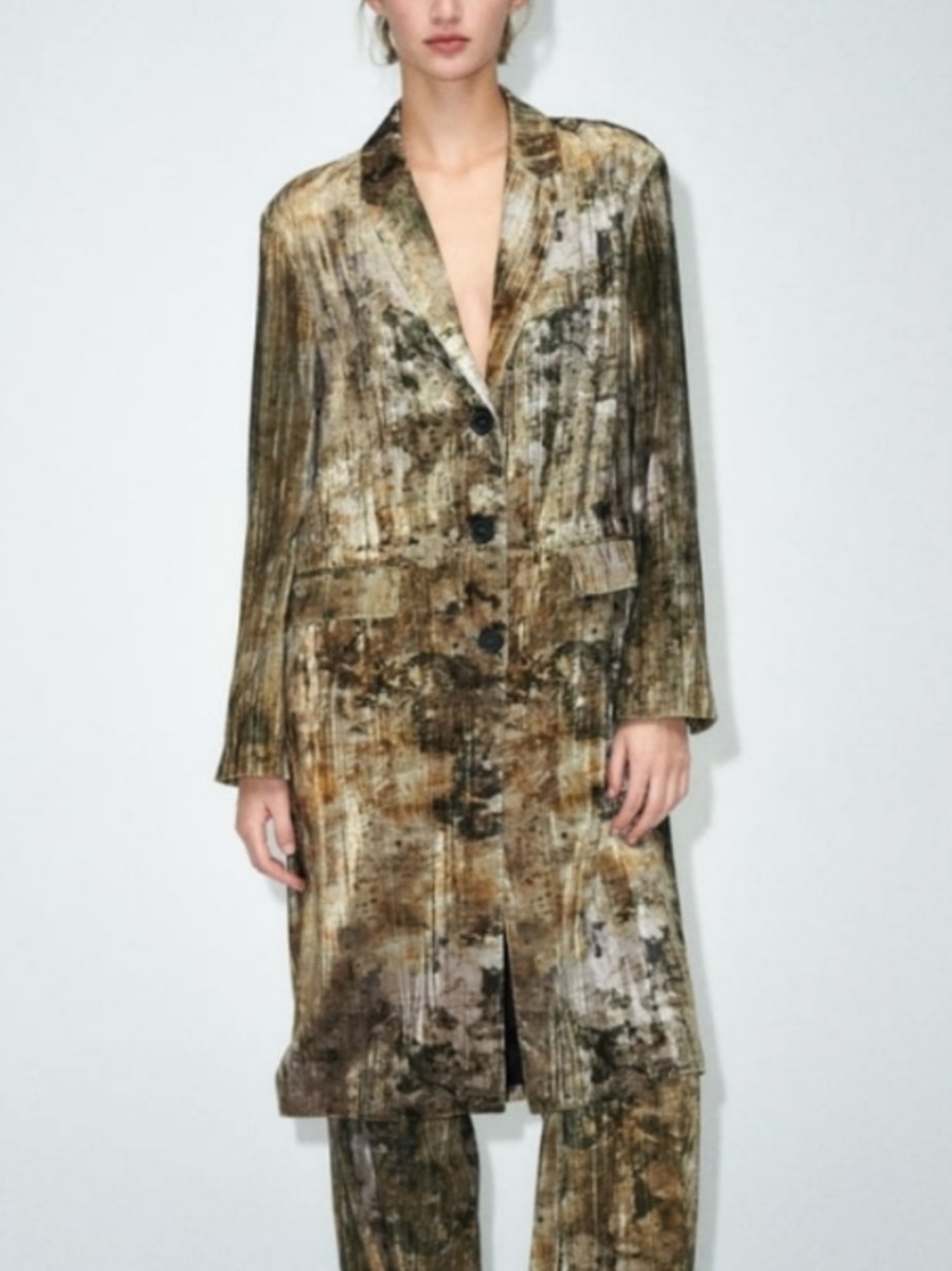 Zara Metallic Olive Brown Marble Velvet Long Blazer Coat